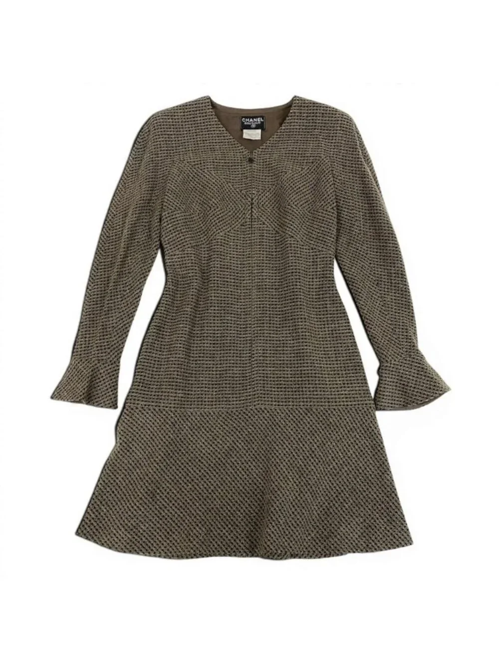 Chanel Front Zip Tweed Dress CC Logo Brown Black Wool Lycra